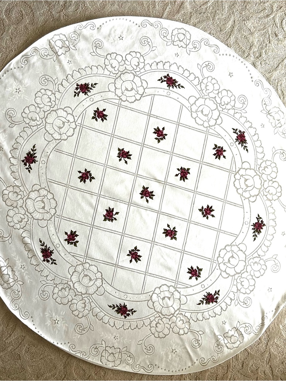 Vintage Lace Embroidered Tablecloth Round 67" Diameter Floral Off White